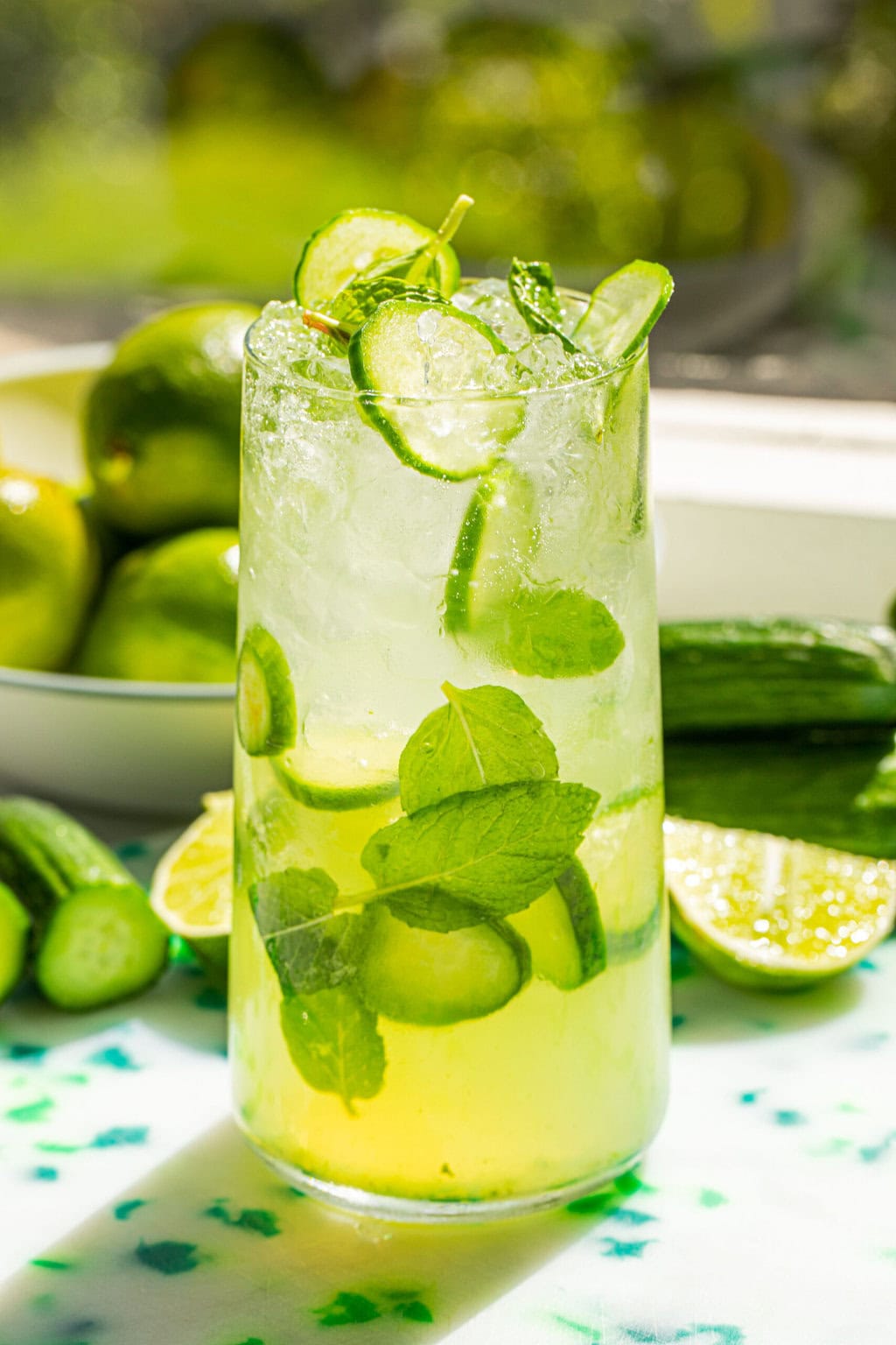 a tall glass of a cucumber mojito with slices of cucumber and leaves of mint as garnish