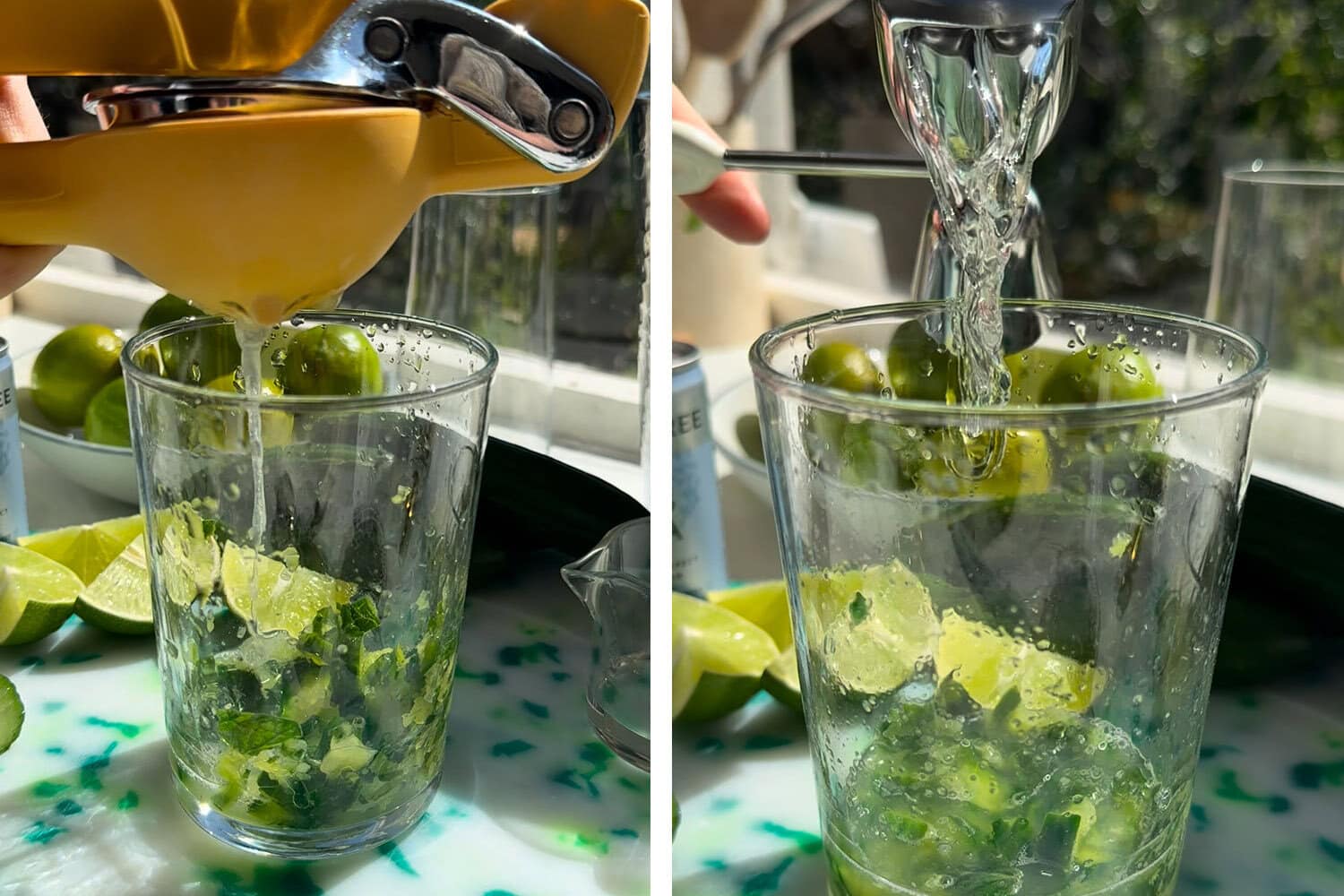 add lime juice and rum to the glass