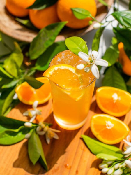 a glass of an orange gin and tonic with an orange blossom and orange slice as garnish, plus leaves and extra orange slices scattered around