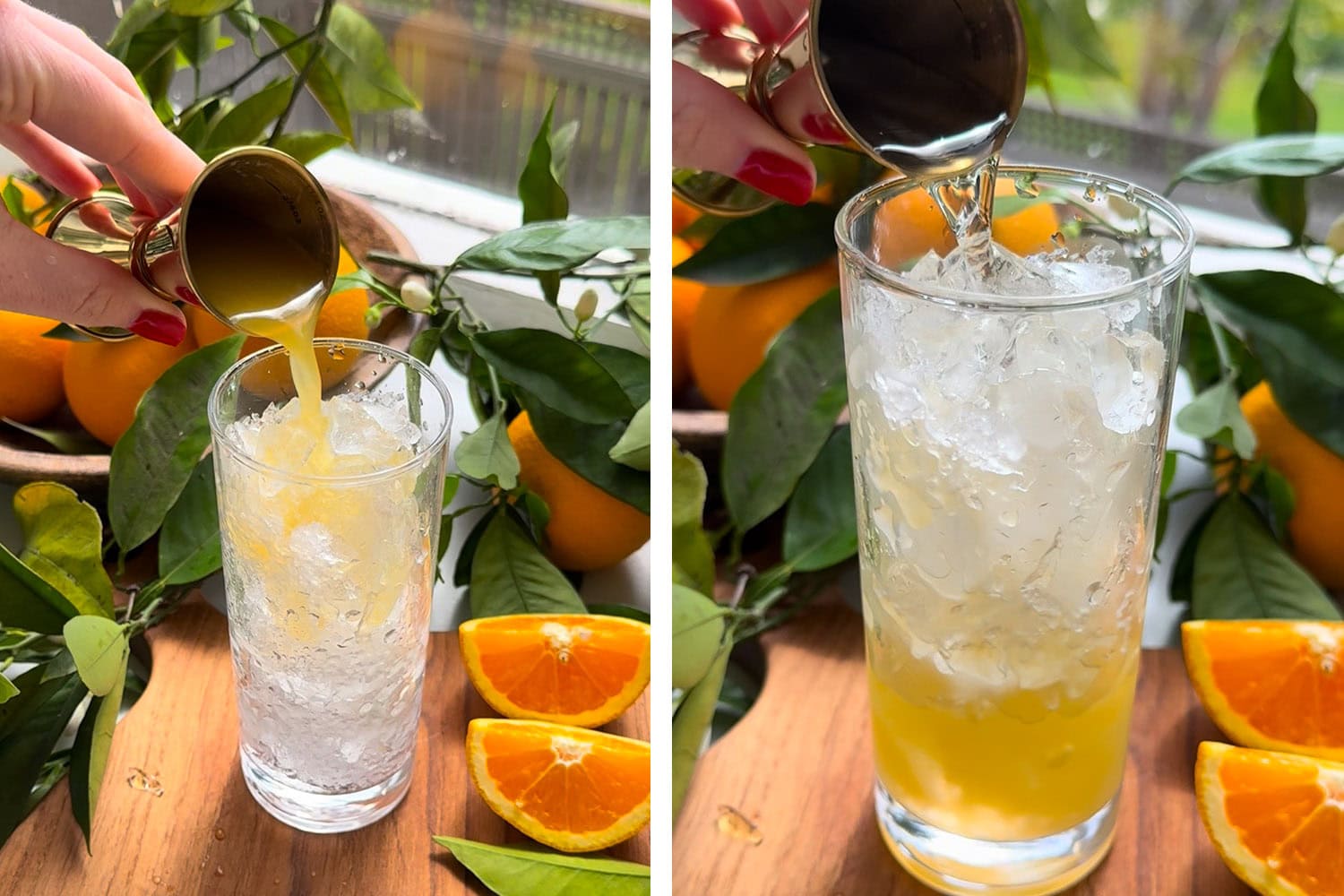 Add orange juice, gin, and elderflower liqueur
