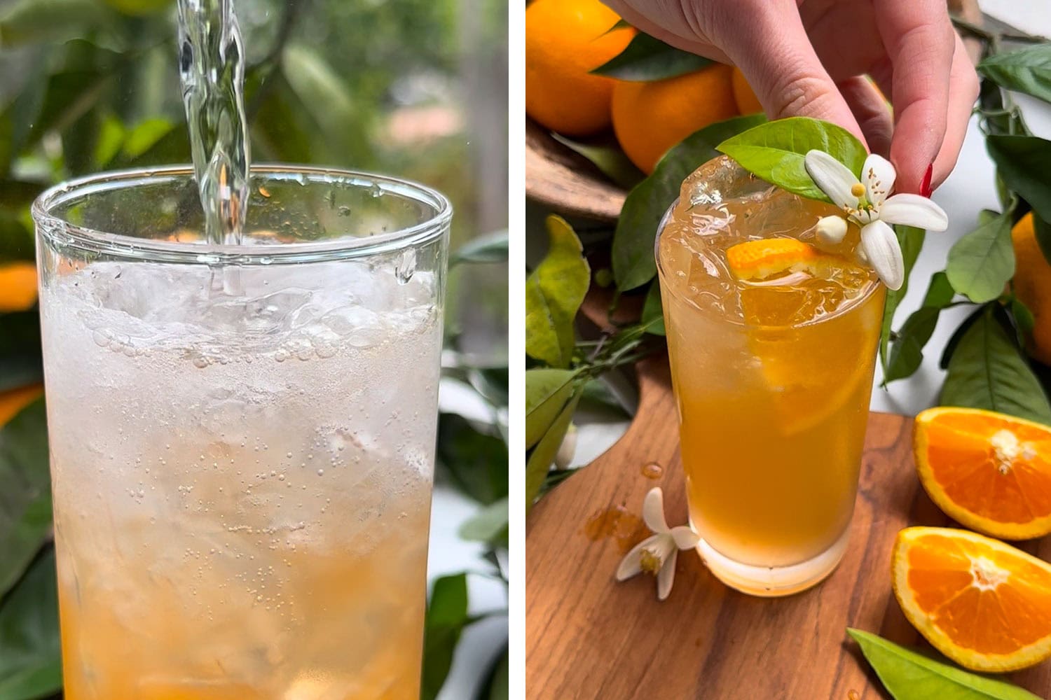 add tonic to the cocktail and garnish with a slice of orange and an orange blossom