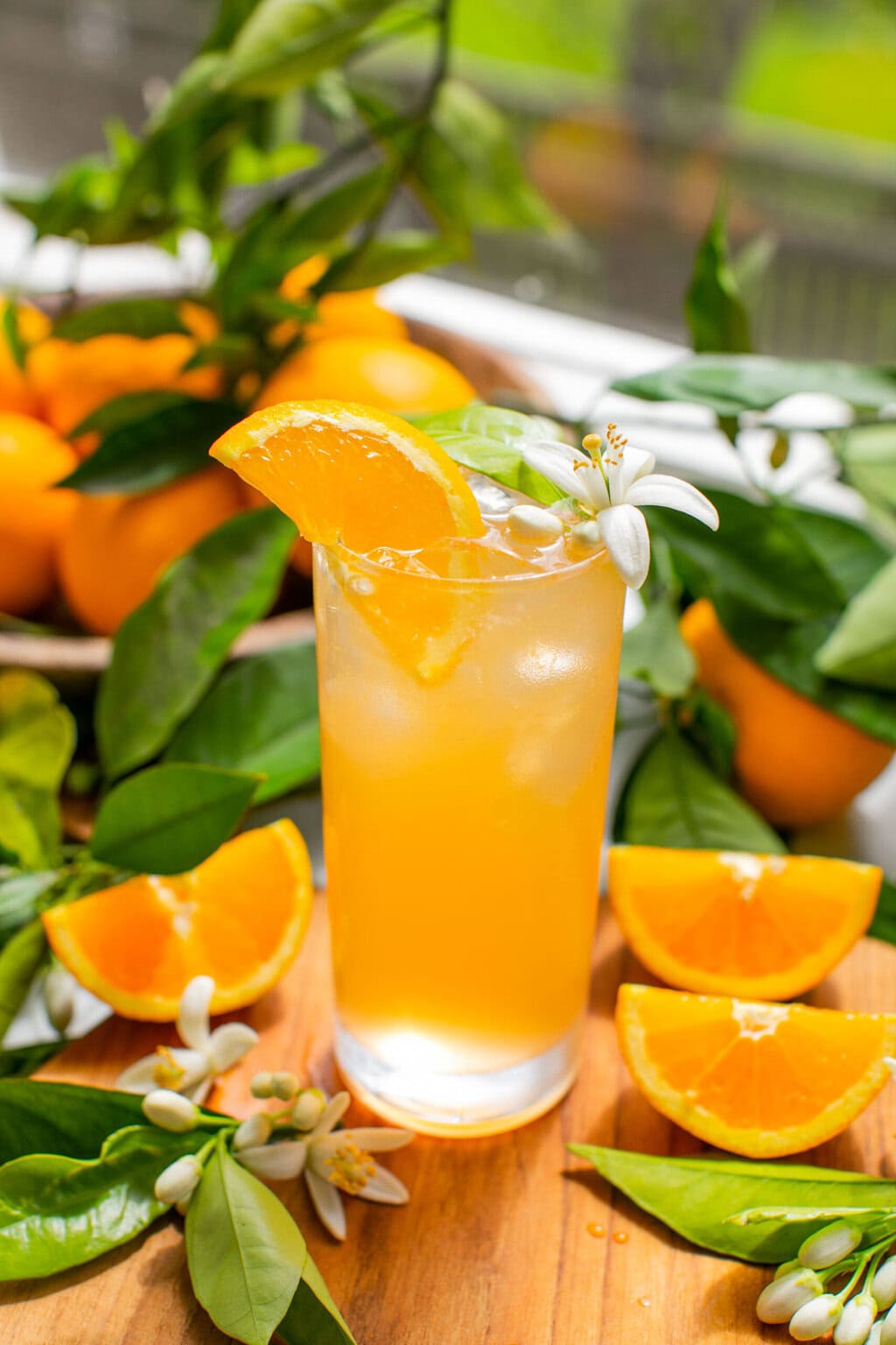 a head-on photo of a gin and tonic with orange juice, an orange slice, and an orange blossom on a wooden cutting board surrounded by more oranges, blossoms, and greenery