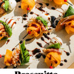 melon skewers displayed on a plate with balsamic glaze drizzled on top