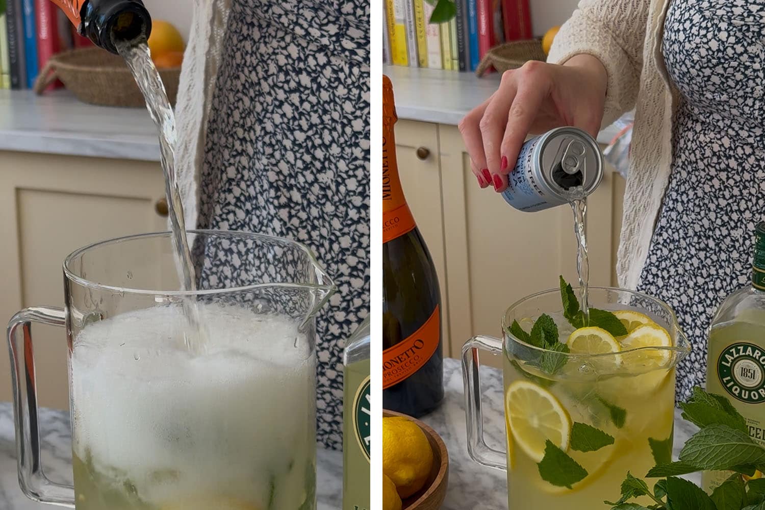 add prosecco, garnish, and top with soda water