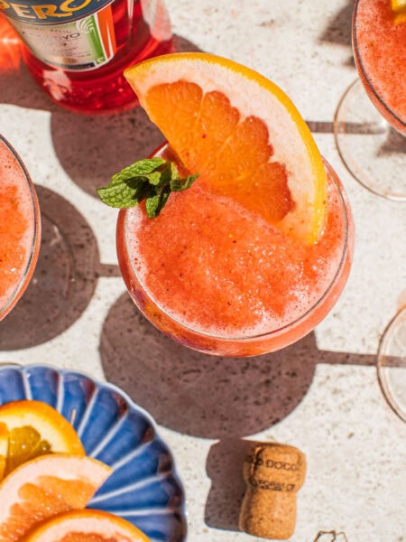 an overhead shot of the frozen aperol spritz slushy