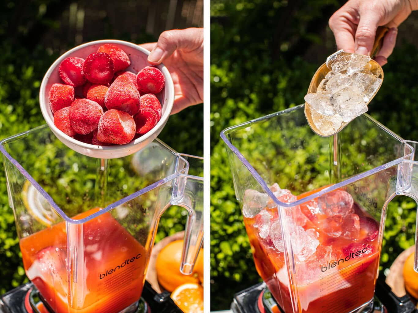 adding frozen strawberries and ice to the blender