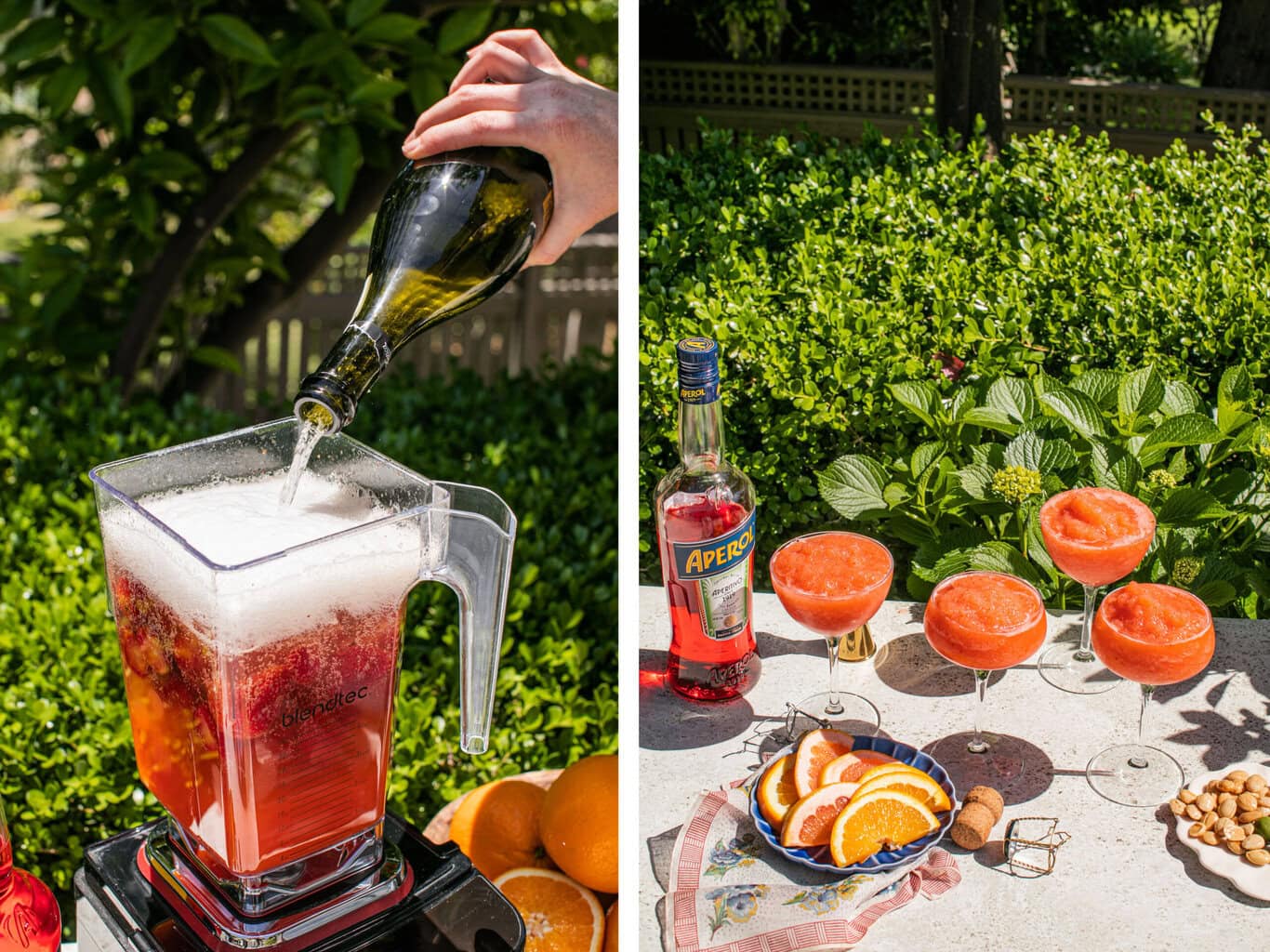 adding prosecco to a blender and pouring the slushy into cups to serve