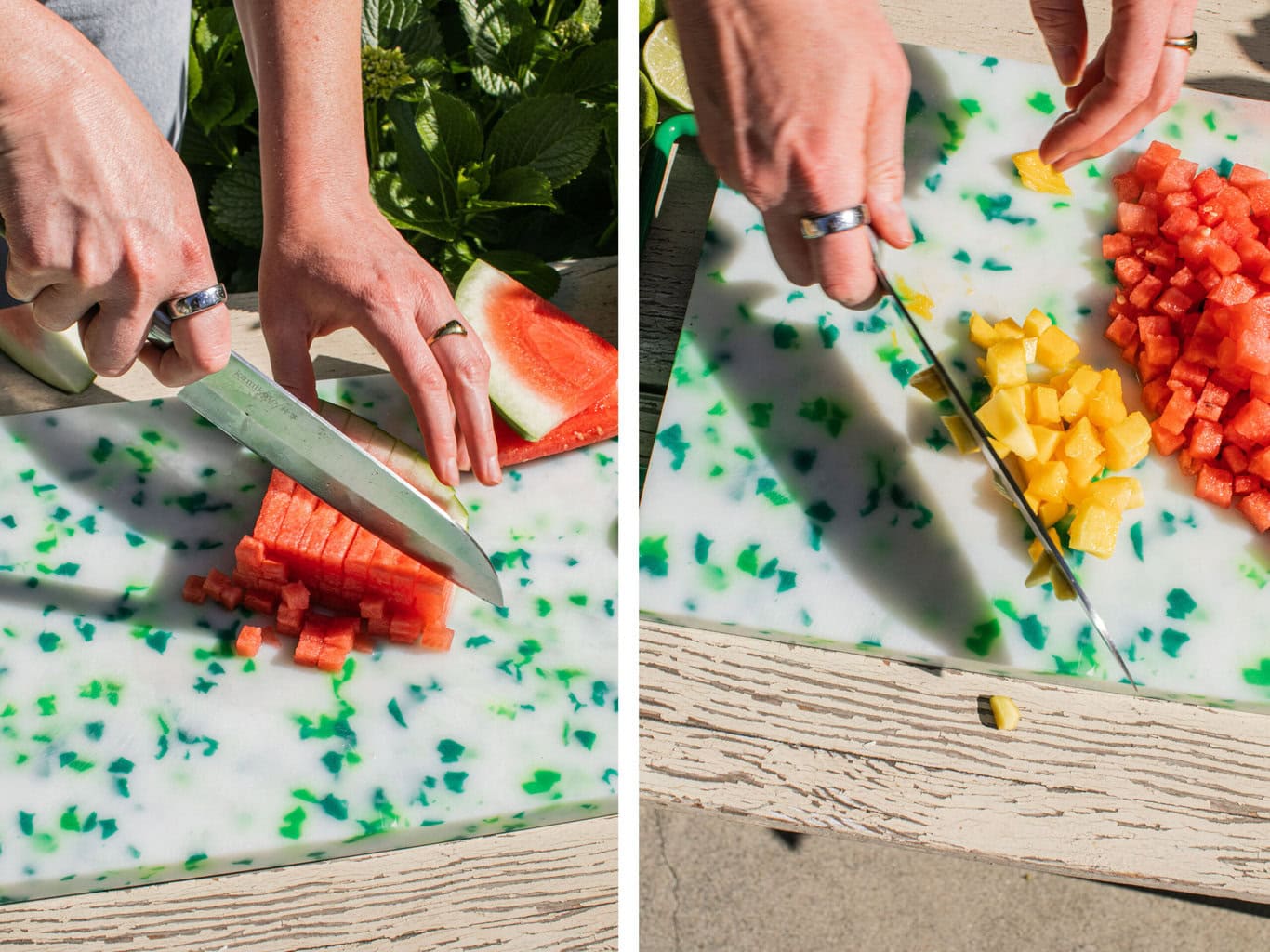 cutting up the watermelon and mango