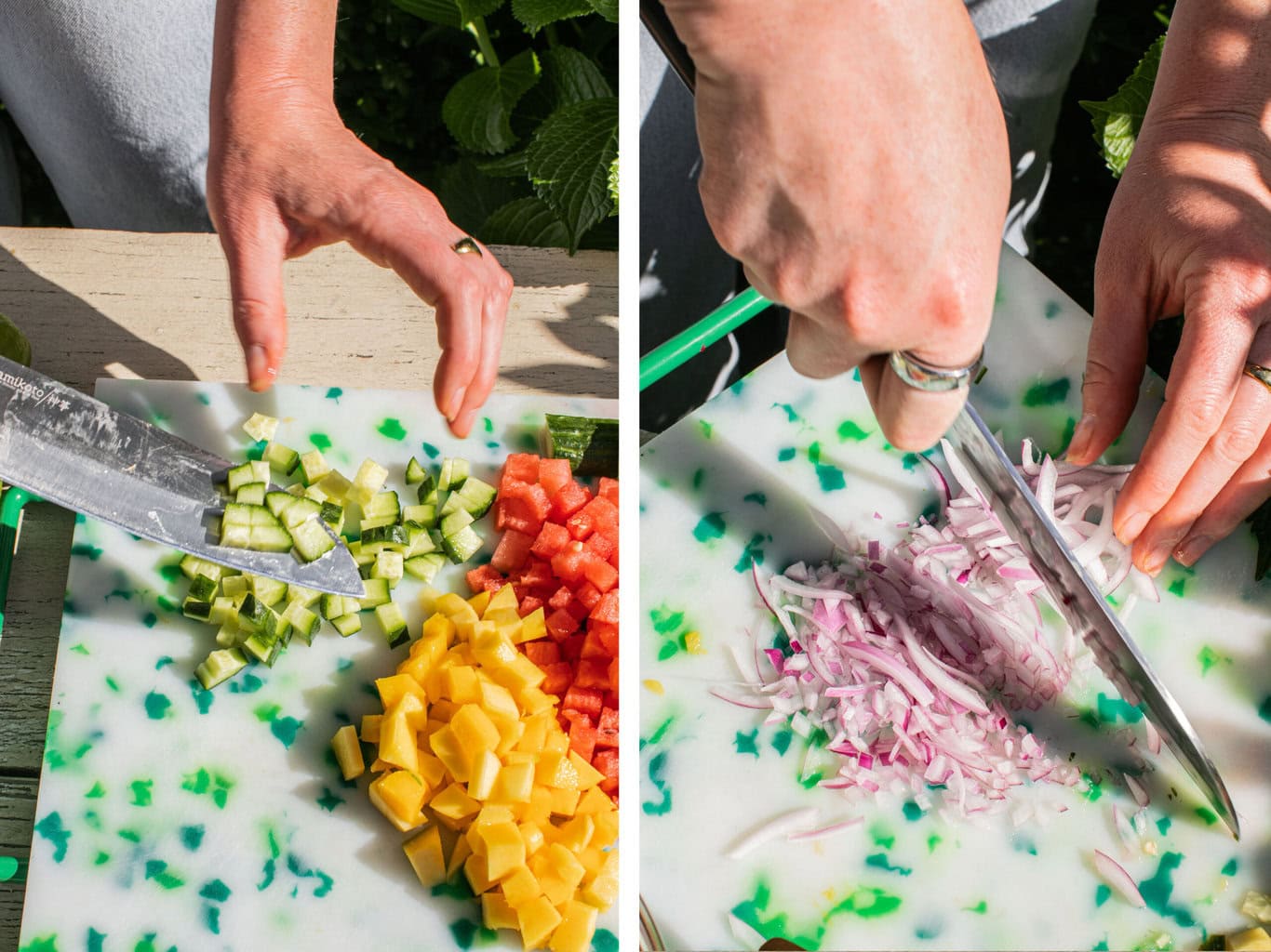 chopping the cucumbers and onions