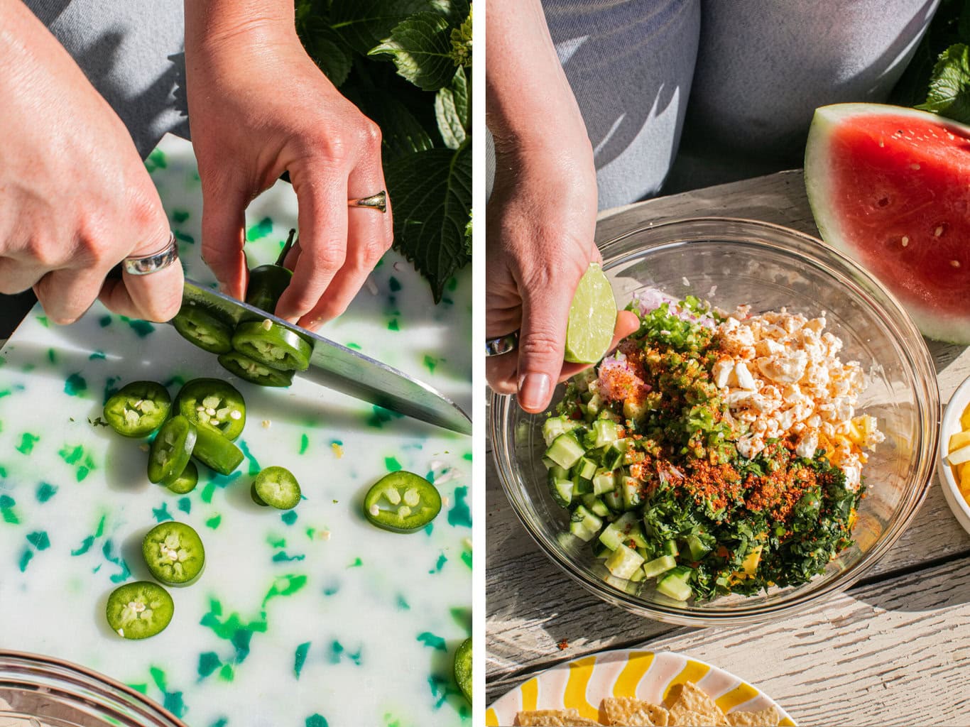 chopping jalapenos and adding them to the bowl of ingredients