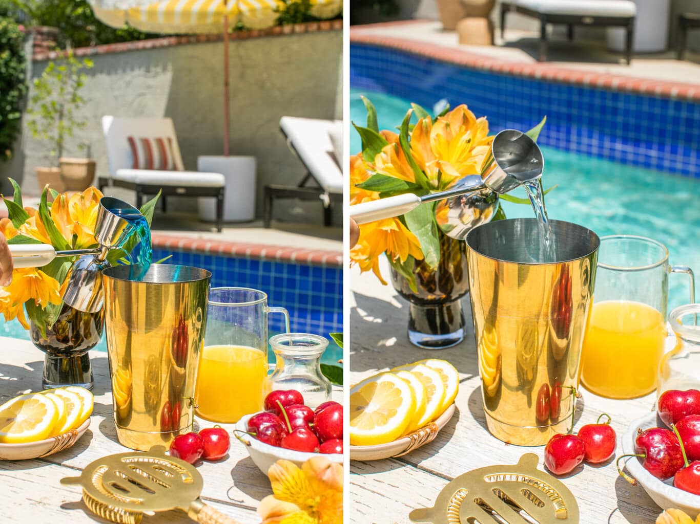 pour blue curacao and vodka into the cocktail shaker