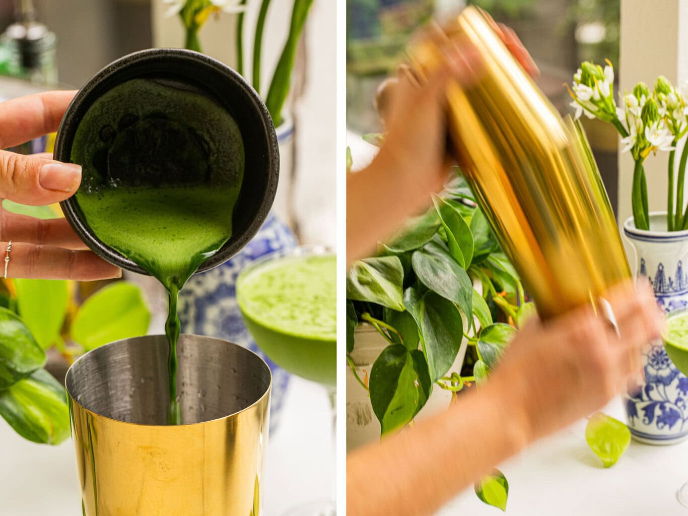 Add the matcha to the cocktail shaker and shake to combine with other ingredients
