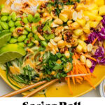 a photo of the spring roll in a bowl with text overlay at the bottom