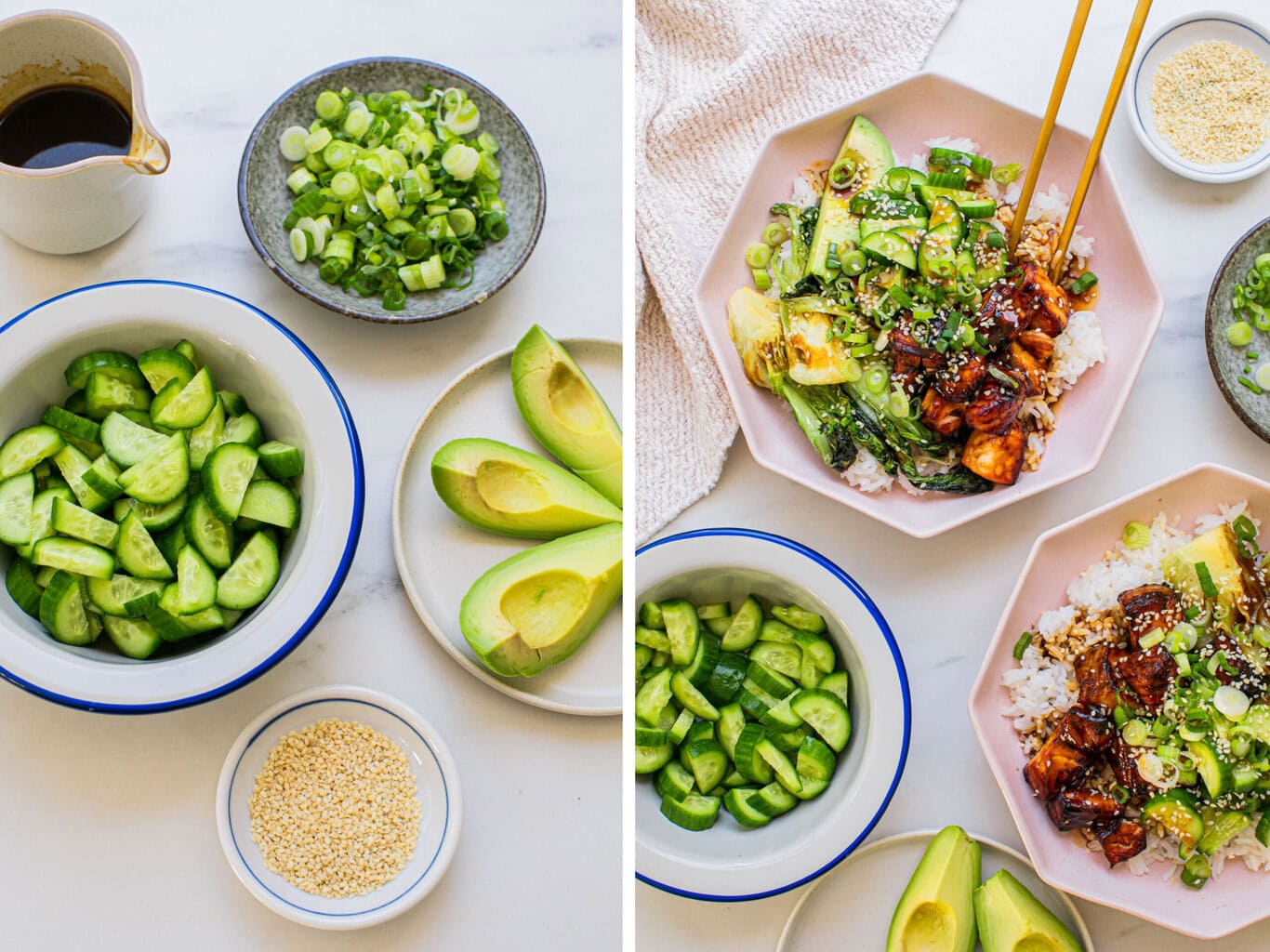 all of the ingredients to add to the bowls on the left, and the assembled bowls on the right