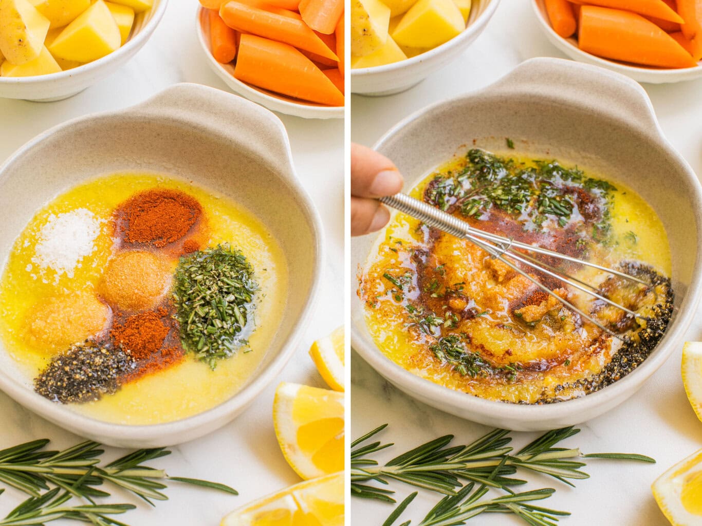 on the left is a bowl of seasonings in melted ghee and on the right is someone whisking those ingredients together