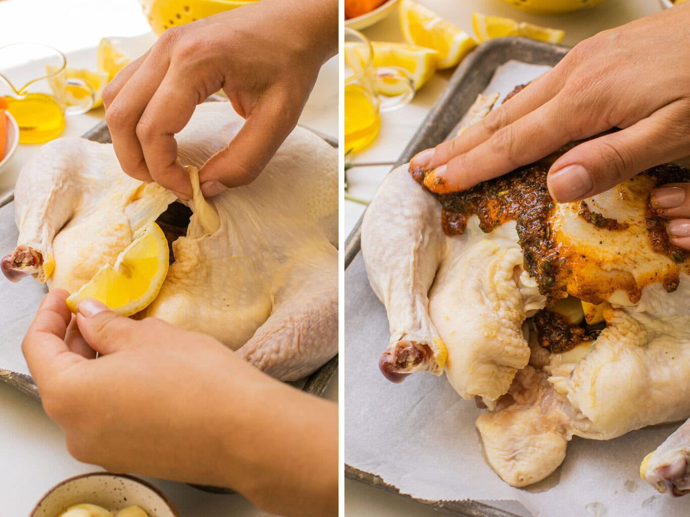 the left is someone stuffing the chicken with a lemon slice and on the right is someone smothering and stuffing the chicken with seasoning
