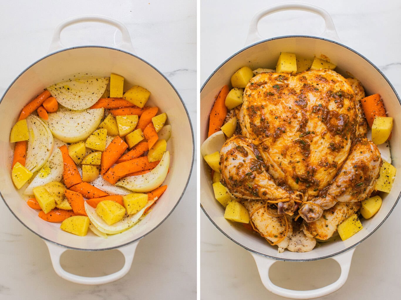 on the left is a photo of chopped veggies in a dutch oven and on the right is a photo of the whole chicken on top of the veggies