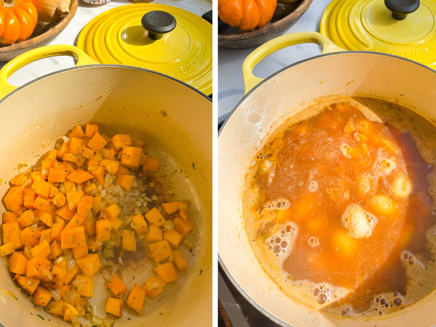 butternut squash and yellow onions cooking, broth being added into the dutch oven