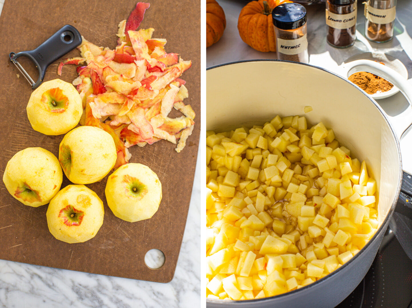 peeled apples with peels and a peeler. a dutch oven filled with diced apples