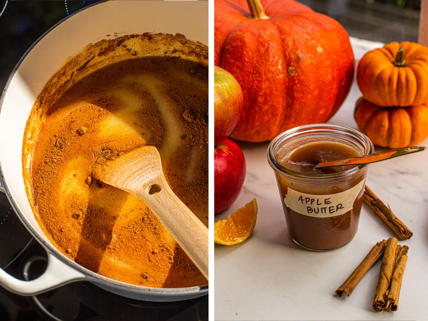 a batch of apple butter in a dutch oven with the spices add in. a jar of apple butter with cinnamon sticks and pumpkins