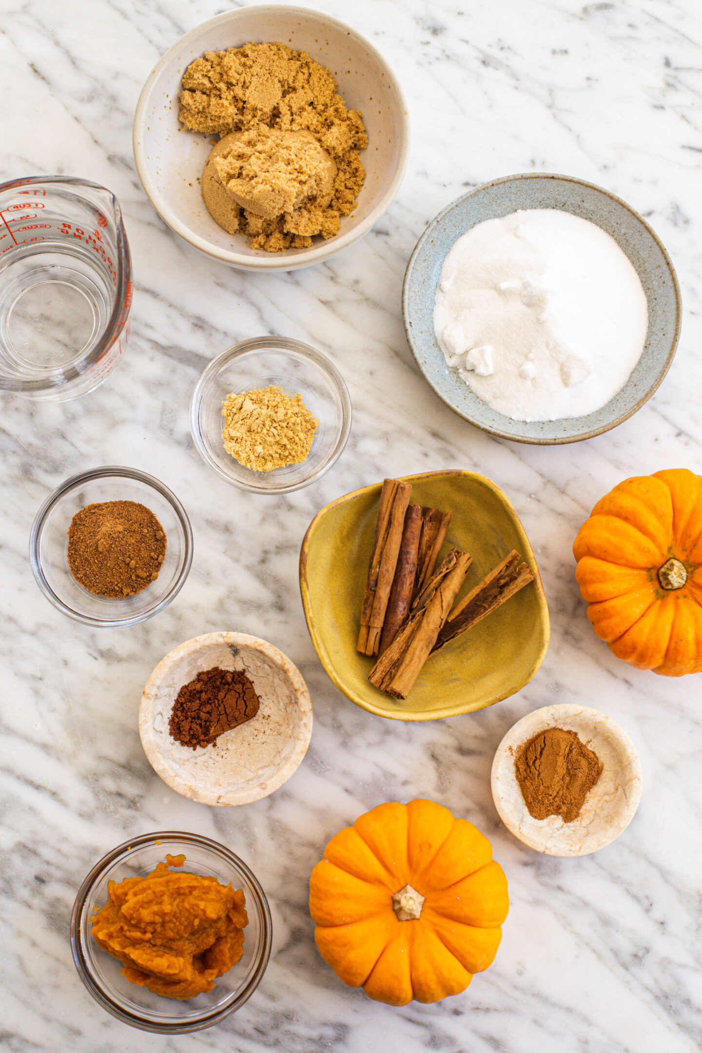 bowls of water, brown sugar, granulated sugar, ginger, cloves, cinnamon, nutmeg, cinnamon sticks