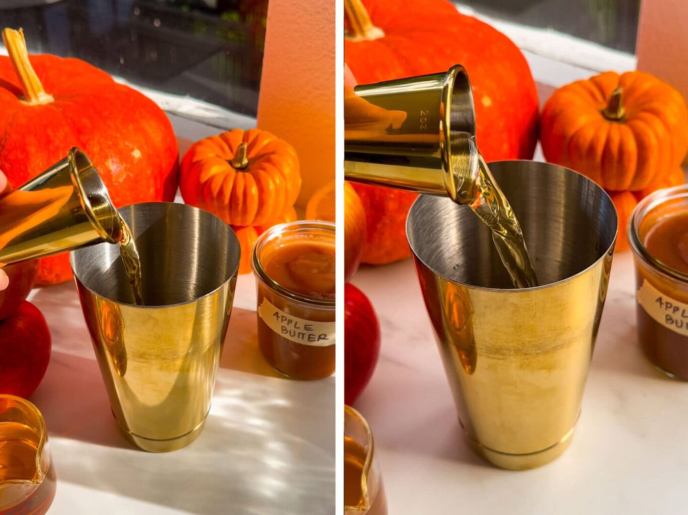 bourbon being added to a gold cocktail shaker, apple juice being added to a gold cocktail shaker