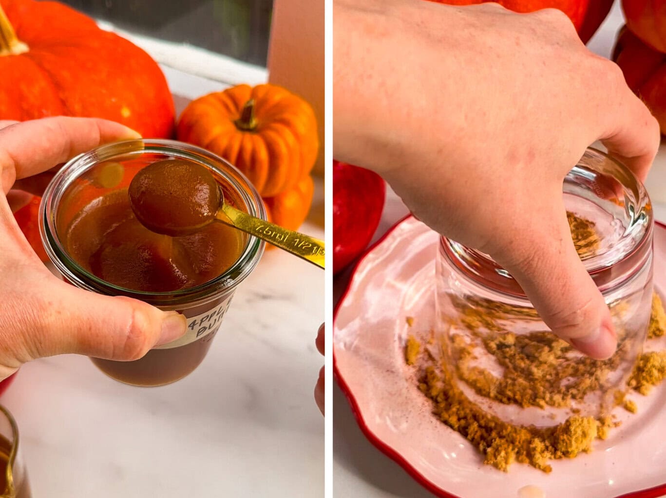 a tablespoon of apple butter being scooped from the jar. A low ball glass being dipped into brown sugar.
