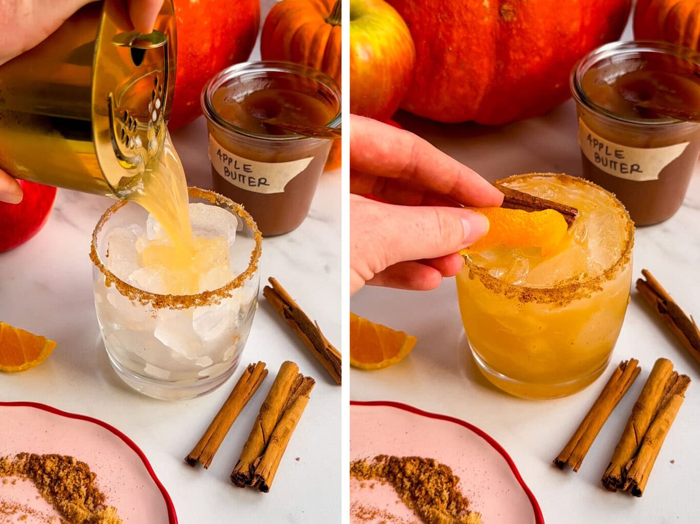 a gold cocktail shaker pouring Apple Bourbon Cocktail into a small low ball glass. a hand adding an orange peel and a cinnamon stick to the top of the cocktail
