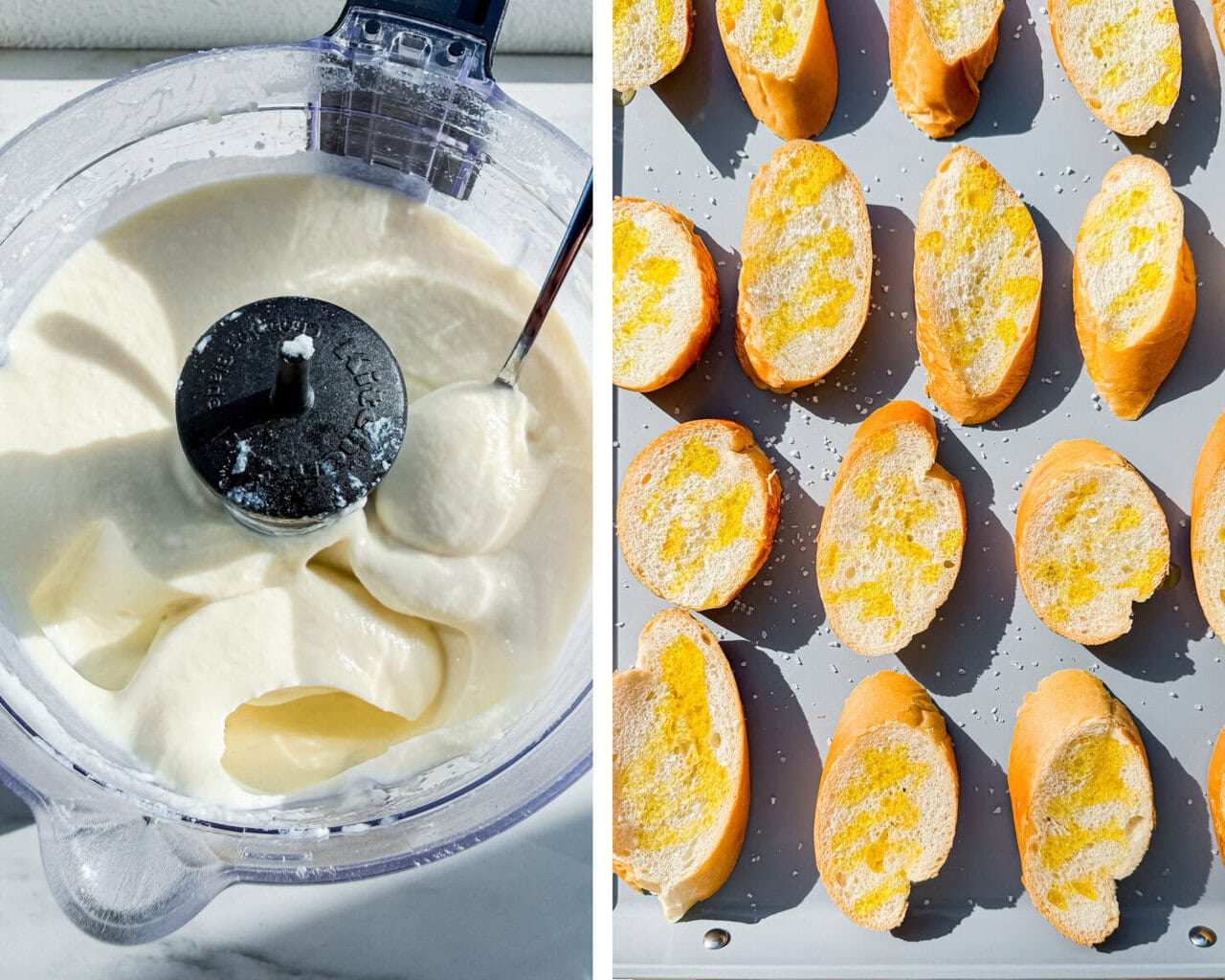 a food processor filled with whipped ricotta and baguette slices on a sheet pan