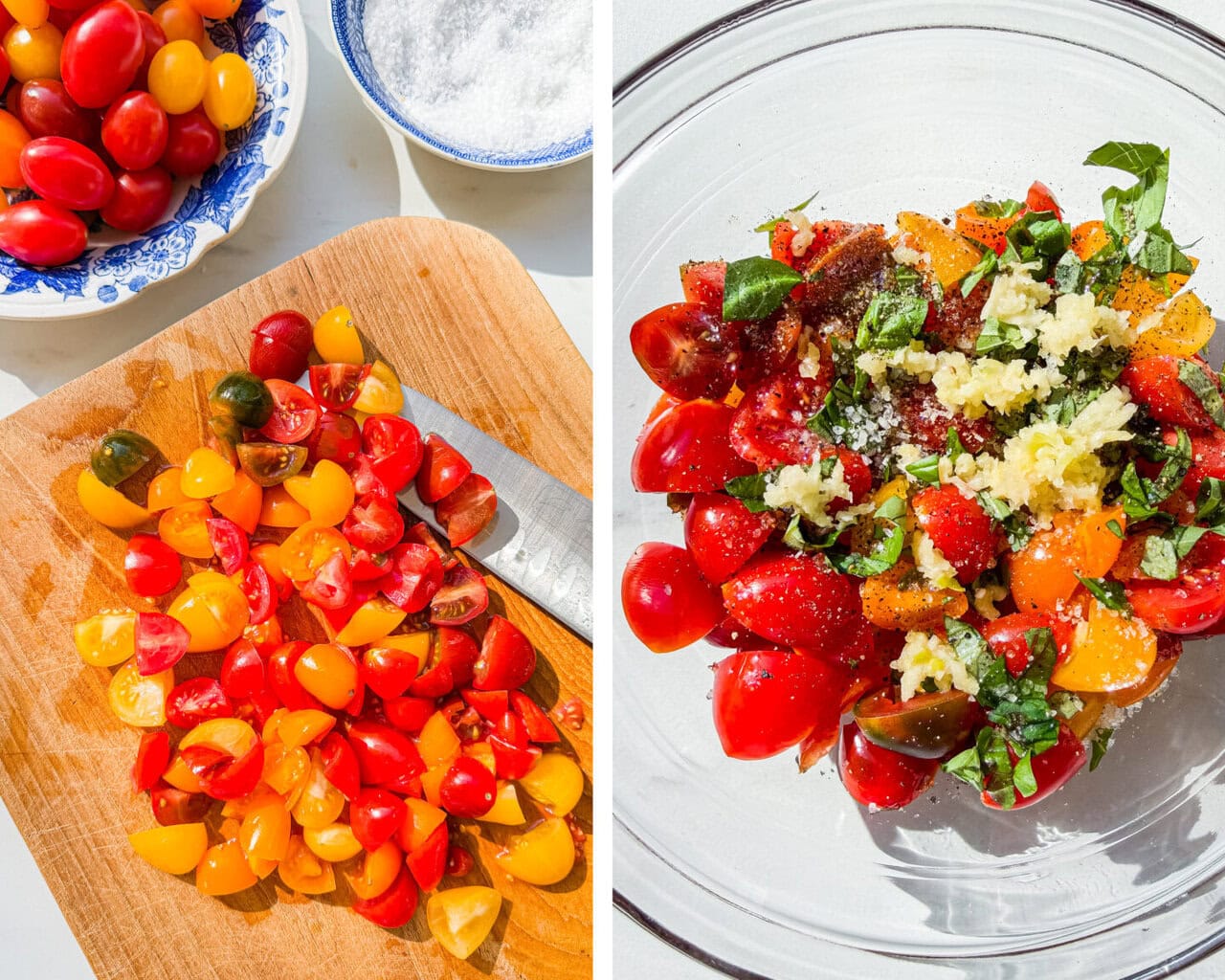 chopped cherry tomatoes on a wooden cutting board. A glass bowl filled with quartered cherry tomatoes, garlic, basil, kosher salt and cracked black pepper