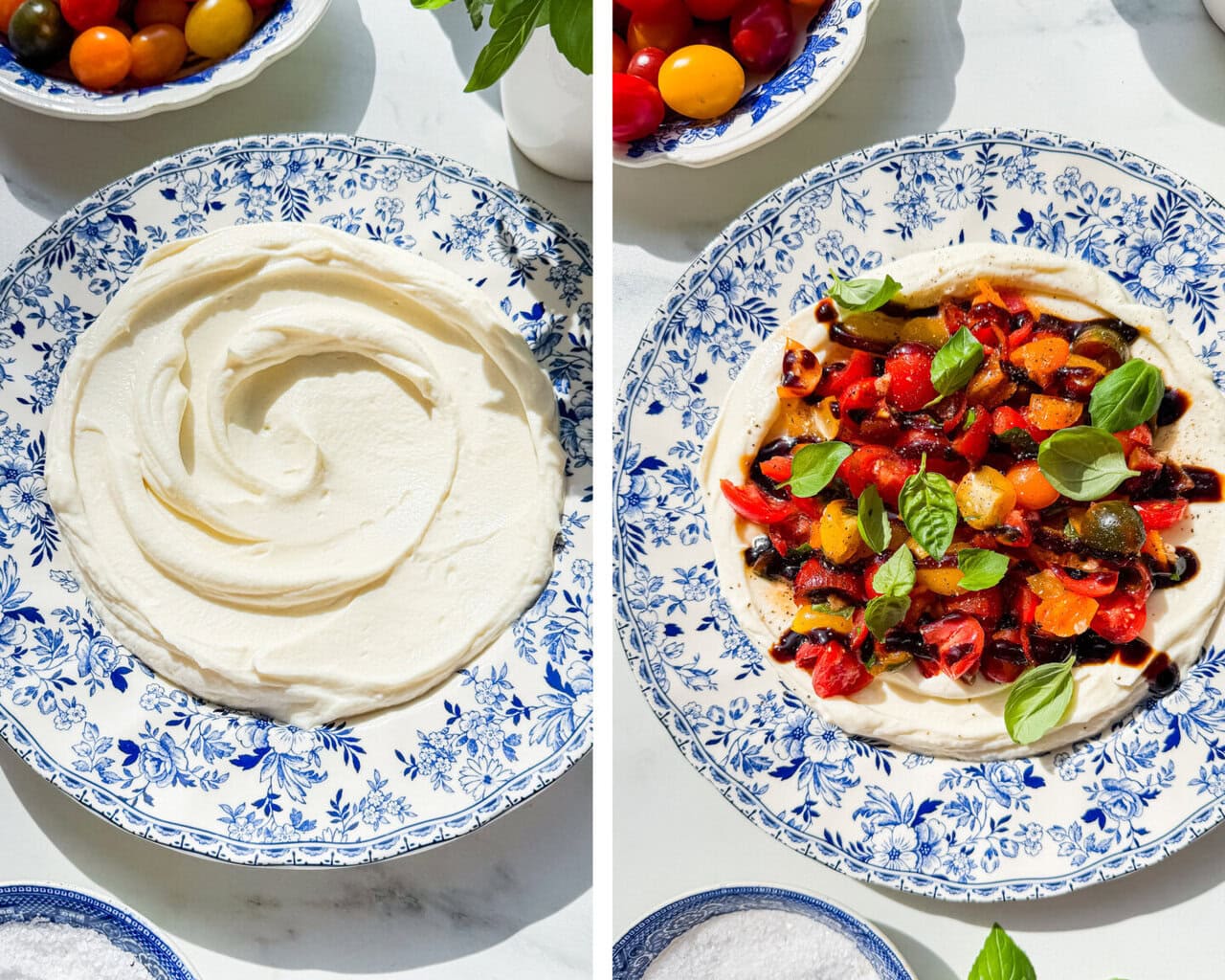 a blue and white platter with a swirl of whipped ricotta and a blue and white platter with the bruschetta dip