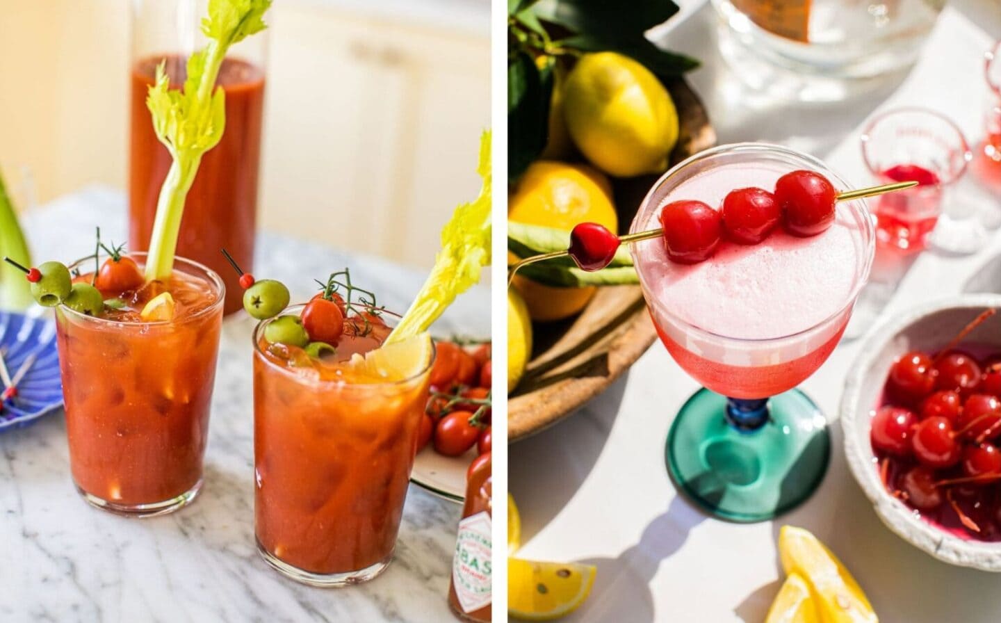 a bloody mary garnished with green olives, cherry tomatoes and a celery stick. a cherry vodka drink garnished with three maraschino cherries on a cocktail pick