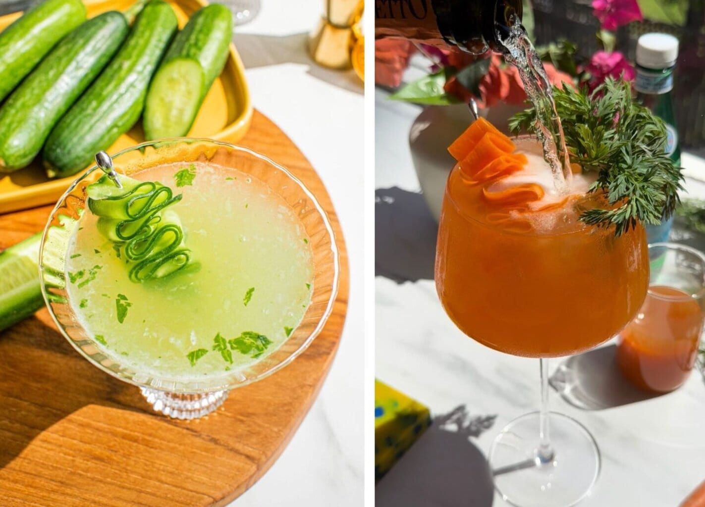 a cucumber cocktail with a cucumber ribbon on a cocktail pick. a carrot sprits with a carrot ribbon garnish