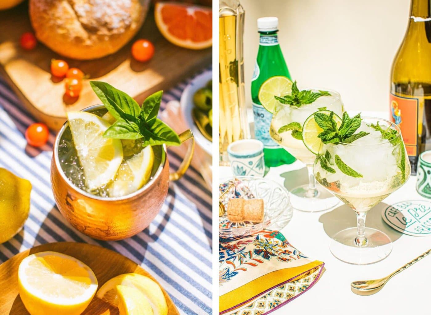 drink in a copper mug topped with lemon wedges and basil. a hugo spritz in a glass topped with fresh mint and a lime wheel