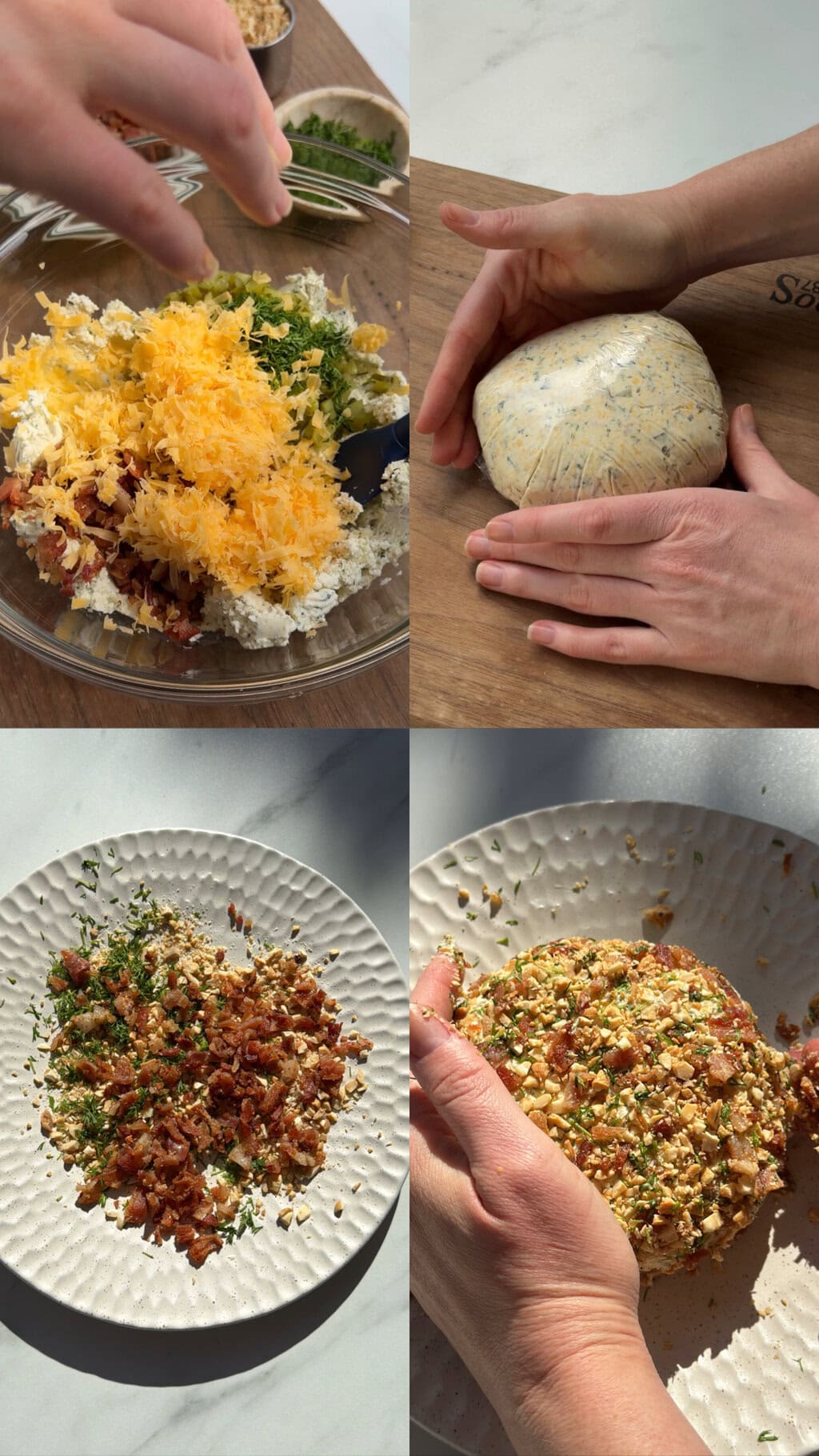 bowl filled with boursin cheese, dill, bacon, shredded cheddar. a cheese ball wrapped in plastic wrap with two hands. a white plate filled with cashews, bacon and dill. the cheese ball being topped with plate of toppings