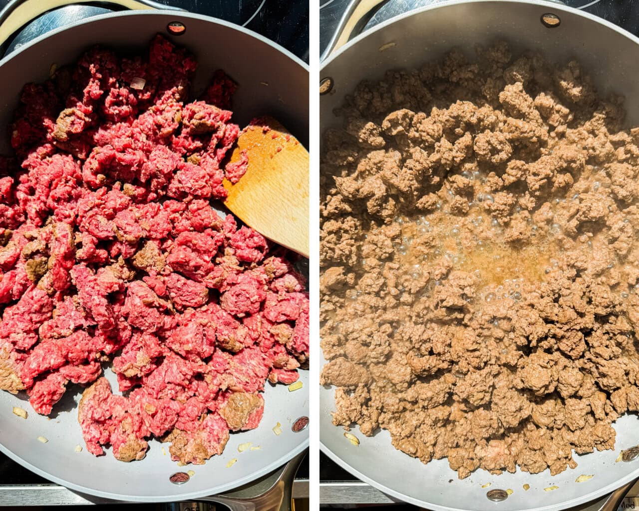 one skillet filled with uncooked ground beef and another skillet filled with cooked ground beef