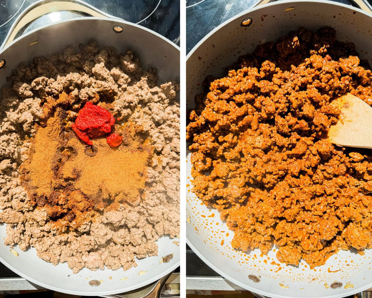 one skillet with ground beef, taco seasoning and tomato paste and another skillet with all of the ingredients mixed in