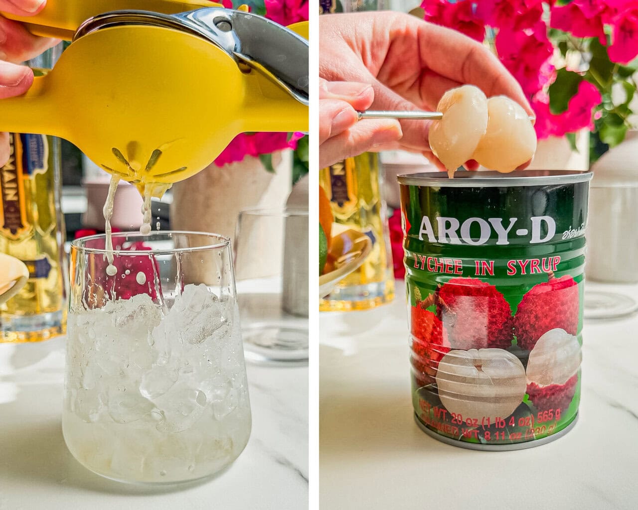 lime juice being squeezed from a yellow juicer into a glass, two lychees being taken out of a can of lychees