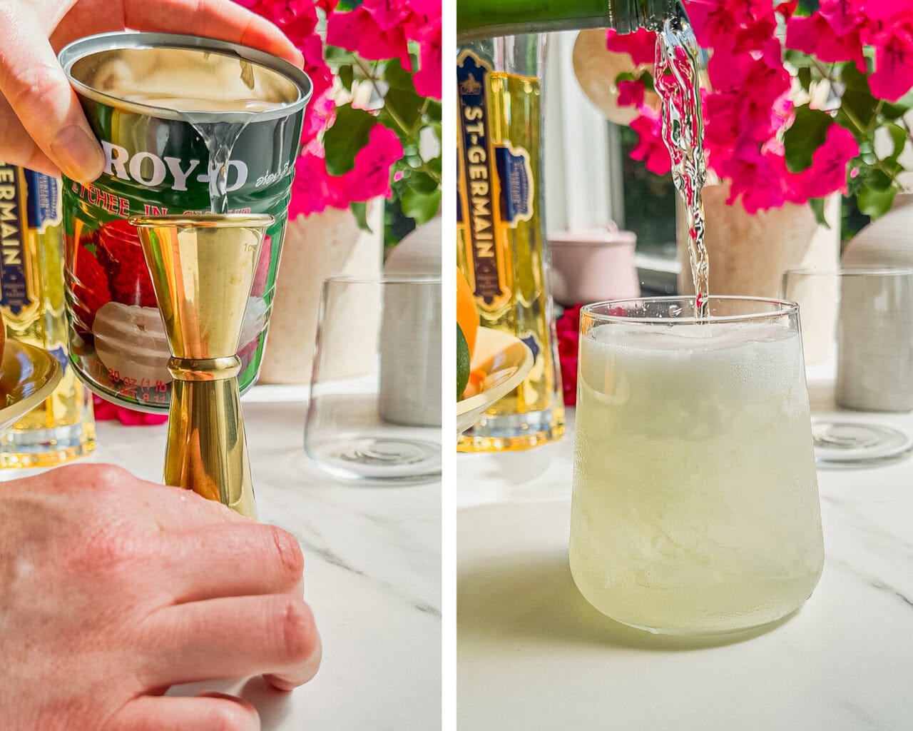 canned lychee juice being poured into a jigger, prosecco added to a glass