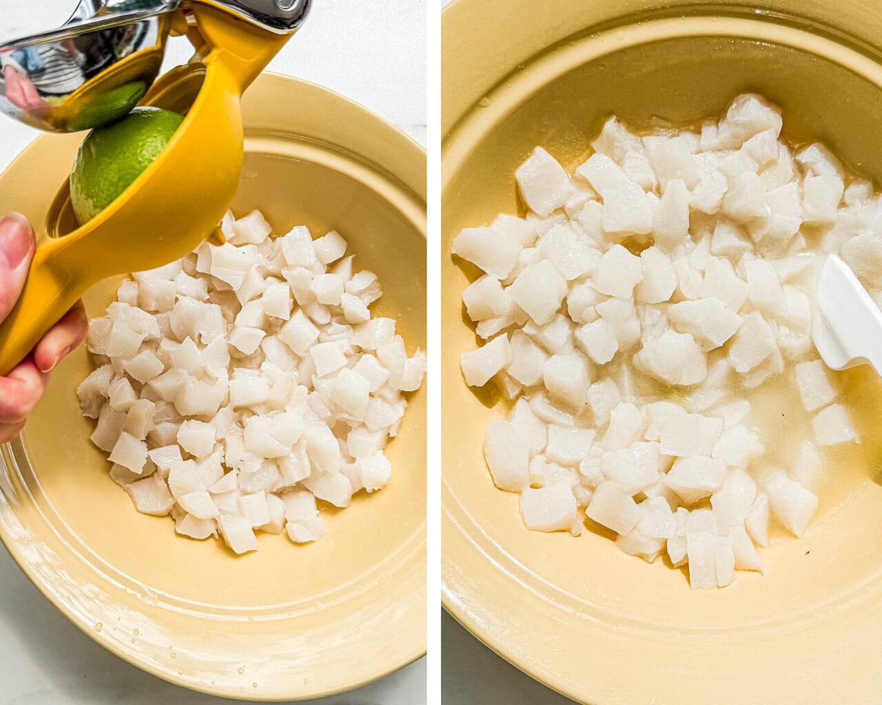 a yellow bowl filled with small pieces of sea bass and a lime being squeezed in a yellow citrus squeezer
