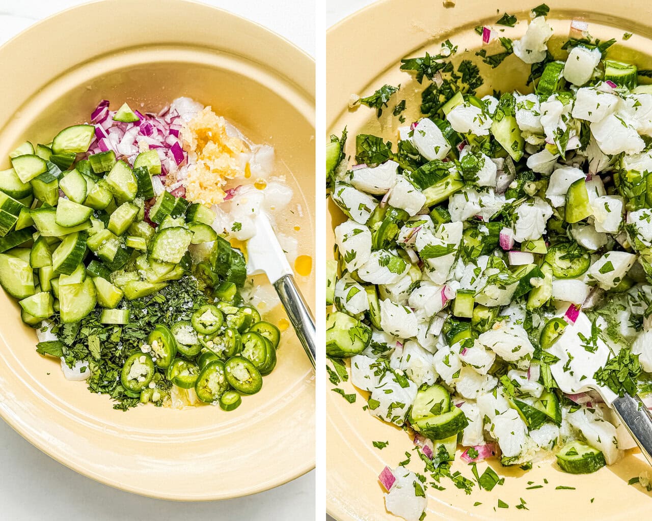 a yellow bowl of cucumber, red onion, garlic, cilantro, serrano, and sea bass pieces