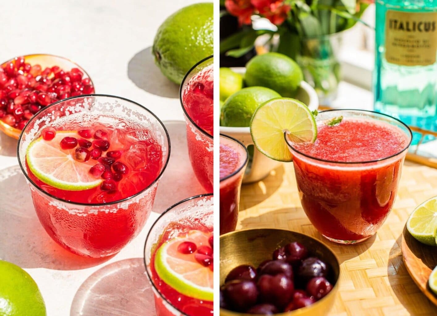 a pomegranate margarita with cocktail garnishes like fresh pomegranate seeds and a lime wheel. a frozen cherry margarita with a lime wheel