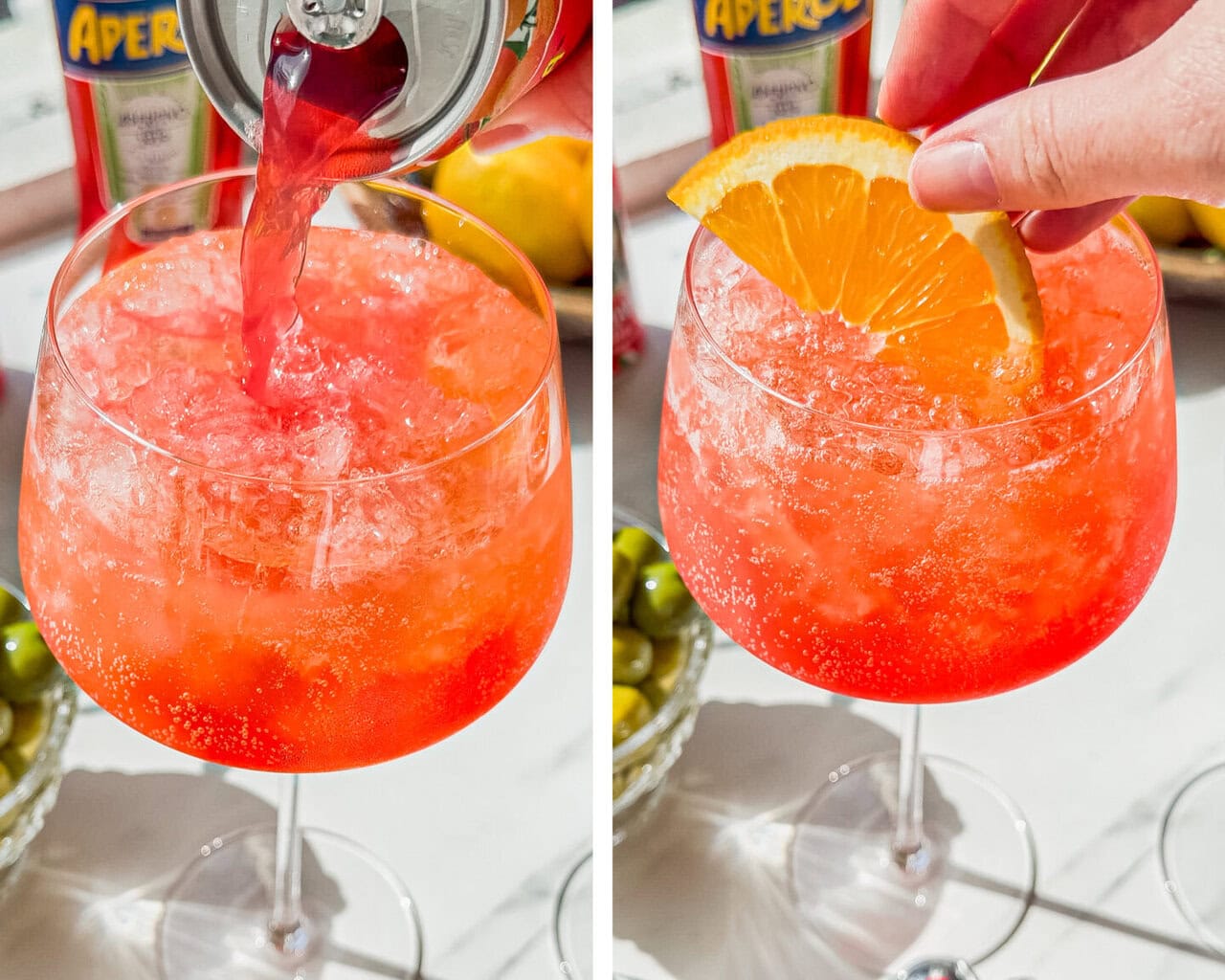italiana soda being poured into a wine glass. orange wedge being put into a wine glass