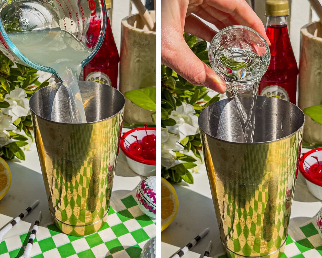 lemonade being poured into a gold shaker, vodka being poured into a gold shaker