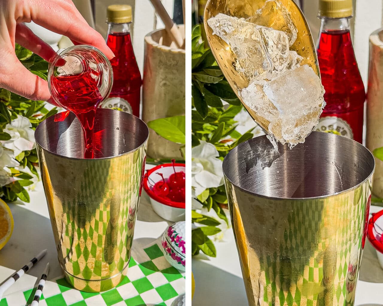 grenadine being poured into a gold shaker, ice being added into a gold shaker