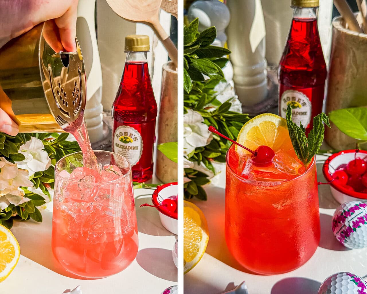 azalea cocktail being poured into a glass with ice, the azalea cocktail garnished with a citrus wheel and mint sprig