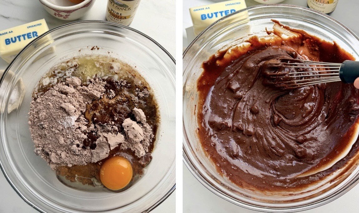 a glass bowl of brownie mix, an egg and melted butter. another glass bowl of brownie batter