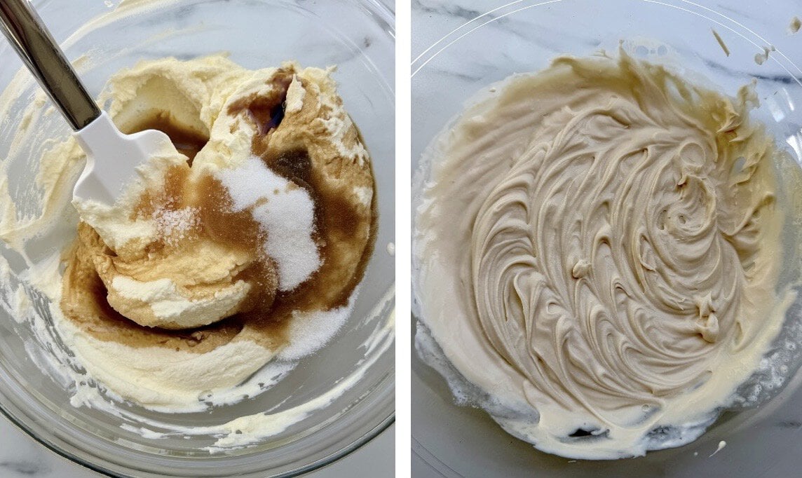 a bowl of mascarpone cheese, heavy cream, sugar, vanilla extract and coffee liquer. another glass bowl of the mascarpone mixture