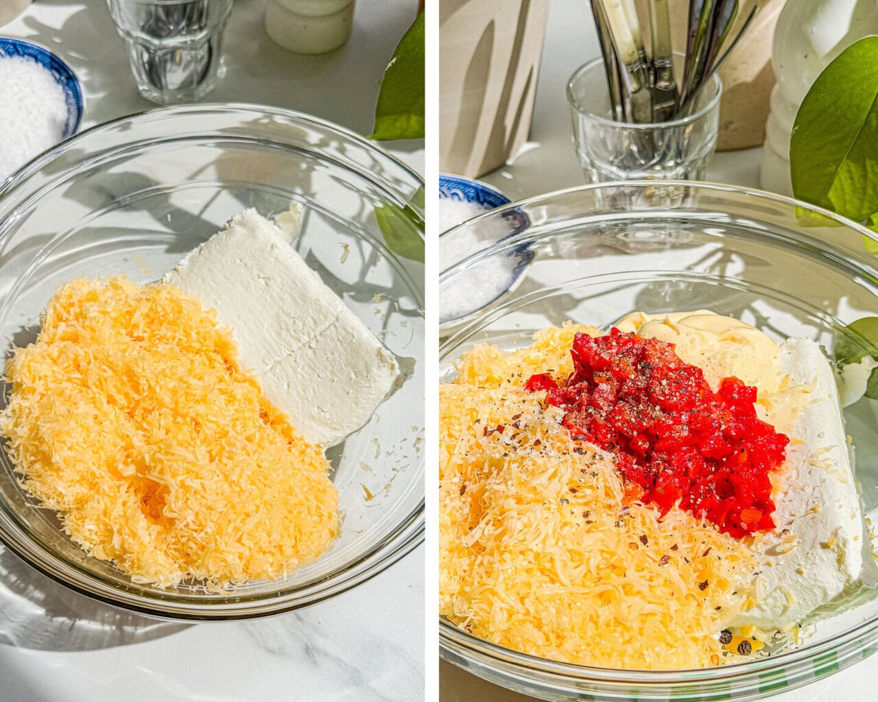 a glass bowl of cheddar cheese and cream cheese. pimento peppers and mayonnaise being added into the bowl