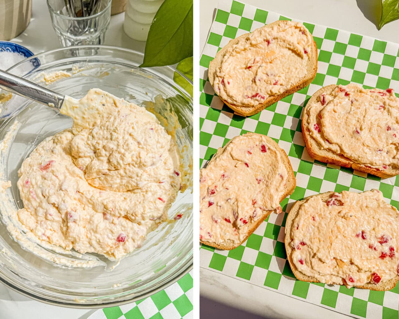 a glass bowl of the pimento cheese mixture. slices of white bread with the cheese mixture spread on one side
